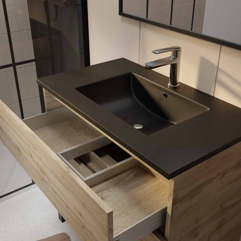 meuble salle de bains 80cm décor chene naturel 3 tiroirs - vasque noire et miroir - timber — vue 2