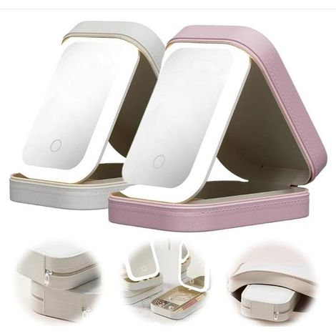 Miroir de maquillage réglable à LED tricolore, miroir de maquillage Rechargeable avec lumières, boîte de rangement, blanc + rose, 2 pièces (1/5)