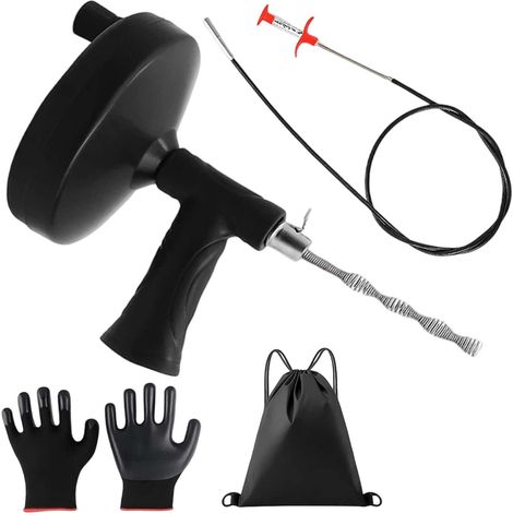 Lot de 5 spirales de nettoyage de canalisations, manivelle de 10 m, avec gants, crochets de déboucheur de tuyaux, sac de rangement, déboucheur pour cuisine, salle de bain, douche, lavabo (1/5)