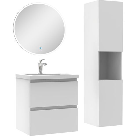 Ensemble meubles simple vasque 50cm,colonne + miroir rond lumineux Blanc (1/5)