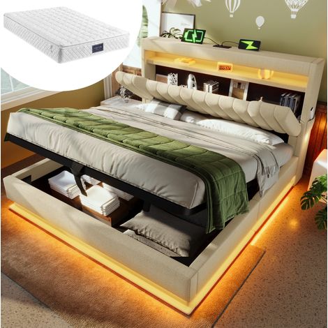 Cama tapizada de lino beige 140x200 cm con colchón, LED, carga USB-C y almacenaje hidráulico (1/5)