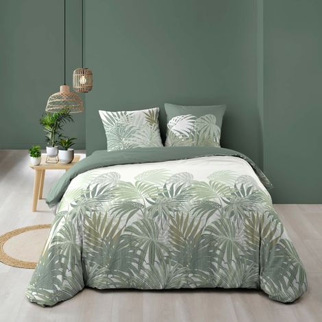 Douceur D'Intérieur – Housse de couette 240 x 220 cm – 100 % coton 57 fils – Motif jungle feuilletée – Fermeture boutons pression