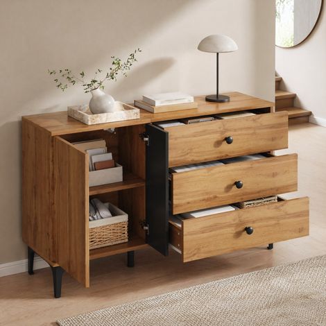 Aparador 120 x 35 x 76 cm en tablero de partículas, natural y negro OKMYHOME (1/5)