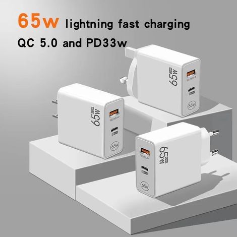 Chargeur rapide USB PD double interface 65 W, compatible avec les téléphones Android et Apple, prend en charge les normes européennes, pour appareils photo et casques audio (33 W, 12 W, 12 W) (1/2)