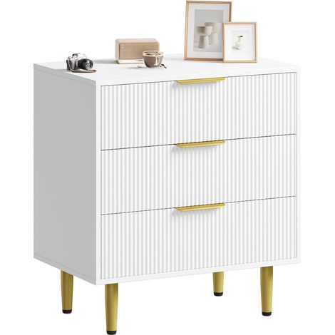 Commode De Chambre, Armoire Moderne Grand Capacité, Ensemble Meuble Salon Fluté 3 Tiroirs, Bois, Meuble TV, Blanc (1/5)