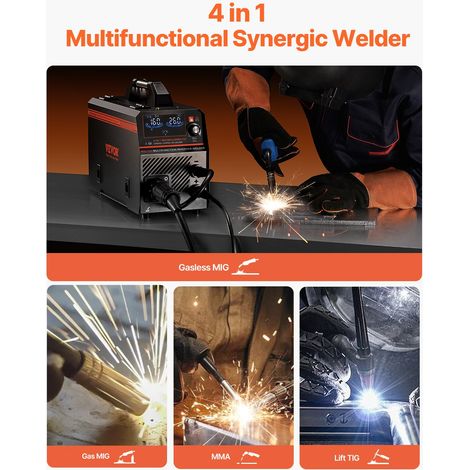 Poste à Souder MIG, 160 A, Machine de Soudage Synergique Soudeuse Portable Multi-processus MIG sans Gaz au Gaz MMA Lift TIG 4 en 1… (1/5)