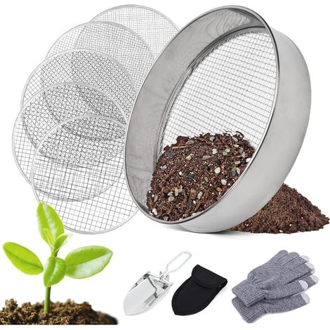 Tamis de Jardin en Acier Inoxydable,5 en1 Tamis Jardin Rond 20 cm,avec 5 Tamis Interchangeables Ø 3,6,9,10,12 mm,Tamis de Jardin Rond,Tamis à Compost pour Terre, Compost, Semences (1/5)