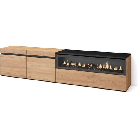 Skraut Home Mobile TV Soggiorno Ampio spazio a disposizione 200x45x35cm Per TV fino a 80" Camino elettrico Stile moderno Rovere e nero (1/5)