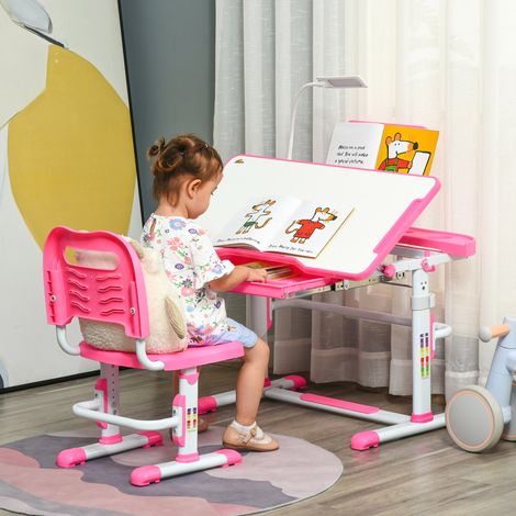 Ensemble bureau enfant pour enfants de 6 à 12 ans avec chaise réglable en hauteur, tiroir, lampe et plateau inclinable, rose (1/5)