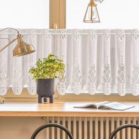 1 pièce- 150 x 45 cm - Blanc  Rideau brise-bise en dentelle - Court - Semi-transparent - Petit rideau de cuisine moderne - Avec barre perforée - Jacquard (1/5)