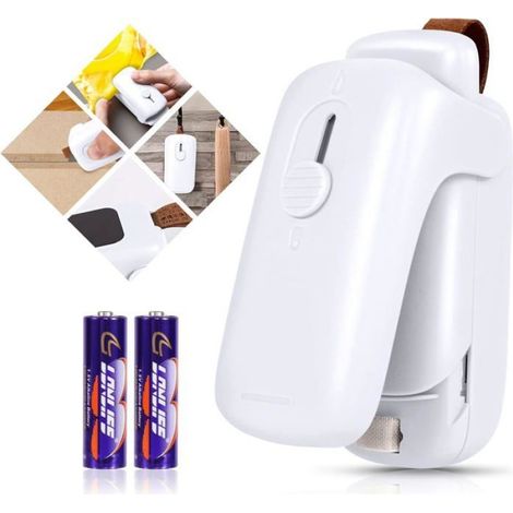 Mini scelleuse de sacs 2 en 1 portative, scelleuse et découpeuse avec lanière, piles AA incluses - blanc (1/5)