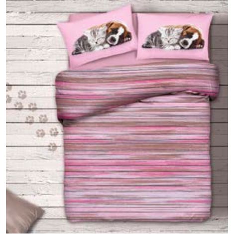 COMPLET muni de la FICHE de DRAPS de lit de CHIEN ET de CHAT ROSE var.454 1 CARRÉ ET DEMI