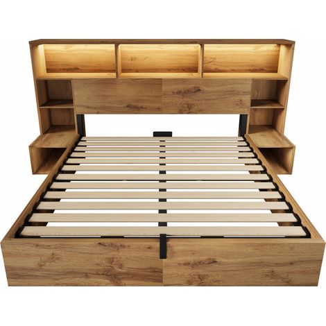 Letto contenitore 160x200 cm effetto rovere con LED e USB-C, materasso incluso (1/5)