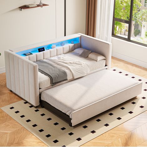 Schlafsofa (201 x 100 bis 192 x 73 cm), ausziehbar, mit LED Beleuchtung, USB Type C Anschluss, Samt, Beige (1/5)
