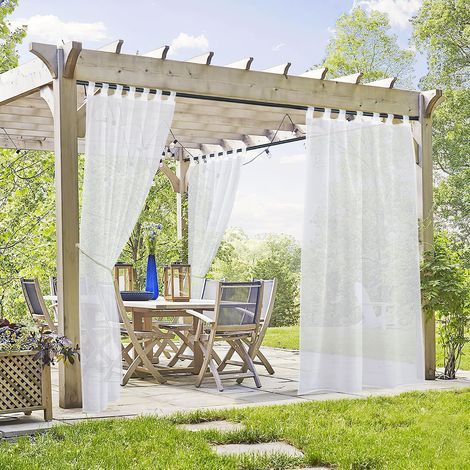 2-teiliger, transparenter Outdoor-Vorhang, weißes Polyester, verstellbare Schlaufen, für Terrasse, Garten, Pergola (1/5)