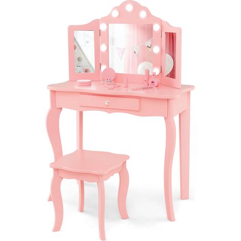 Kids Vanity Table and Stool Set 2-in-1 Princess Makeup Vanity Set w/Mirror