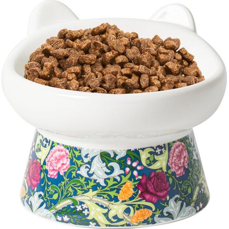 Gamelle en Céramique pour Chat, Surélevée, Large et Peu Profonde à Gamelle Inclinée avec Support, Bol Chat Anti-Vomissement Idéal(Motif Floral) (1/5)
