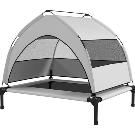 Lit surélevé pour chien extérieur avec toit cadre acier dimensions 76x61x70cm gris clair jardin terrasse (1/4)