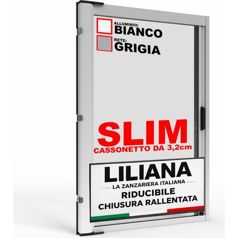 Zanzariera a Rullo "LILIANA32" L 160 x H 250cm Laterale Riducibile per Porta Finestre Con Chiusura Rallentata e Magnetica - Bianca RAL9010 con Rete in Fibra di Vetro Grigia - Made in italy
