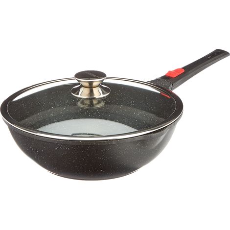 Wok 30 cm - Manche Amovible - Fonte d'Aluminium - Revêtement pierre - Couvercle en Verre - Tous Feux dont Induction - Sans PFOA - 0008057, Noir (1/5)