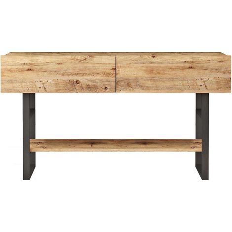 Cotecosy – Console 2 tiroirs 138,8×43×75,7 cm – Décor naturel et noir – Finition papier décor effet chêne – Idéal pour rangement et décoration (1/6)