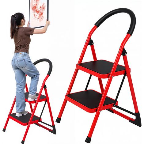 Échelle pliante 2 marches - WILITTO - Échelle domestique - avec accoudoirs - Pédales élargies - Semelles antidérapantes - Structure triangulaire - Max:150KG - 47×48×86cm - Rouge (1/5)