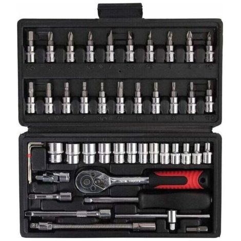 Clé dynamométrique 1/4", clé dynamométrique entièrement réglable avec tête à cliquet (5–25 Nm), coffret d'outils à main 46 pièces, petit jeu de clés volantes, coffret à cliquet