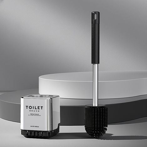 Brosse de toilette compacte avec support - Ensemble de nettoyage de salle de bain en acier inoxydable avec support en plastique dissimulé. (1/5)