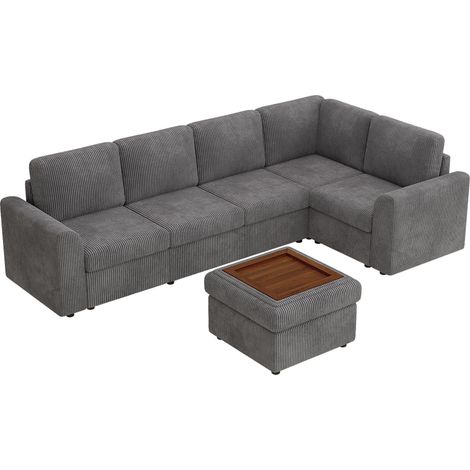 ELVMI Divano angolare convertibile con vano contenitore, funzione letto e pouf modulare in velluto a coste Grigio (1/5)