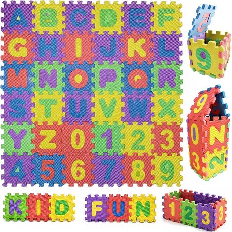 36 Pièces Tapis Puzzle de Jeu Lettres et Chiffres, 9x9 cm Tapis de Sol en Mousse EVA pour Bébés, Dalles d'Éveil Géant Emboîtables et Puzzle 3D, Utilisation Intérieure et Extérieure (1/5)