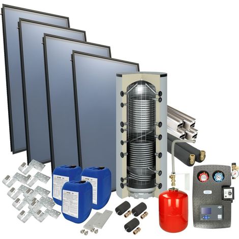 Le Sanitaire – Set solaire 4Plus® sur toit – 4 capteurs 2,53 m² – Ballon d'eau fraîche 800 L – Efficacité énergétique A+