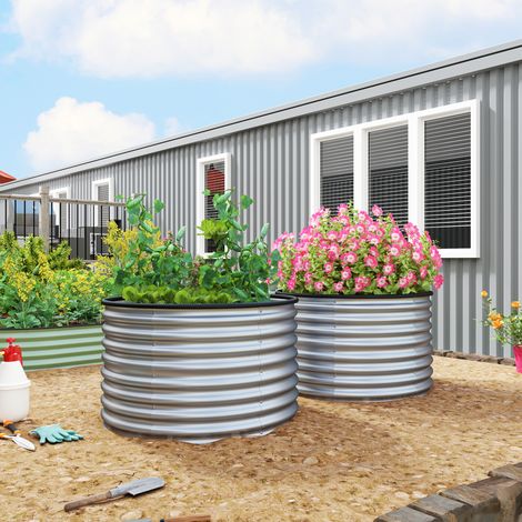 Lot de 2 jardinières surélevées kit de jardinière ronde surélevée fonds ouverts acier galvanisé 90 x 90 x 56 cm argent (1/5)
