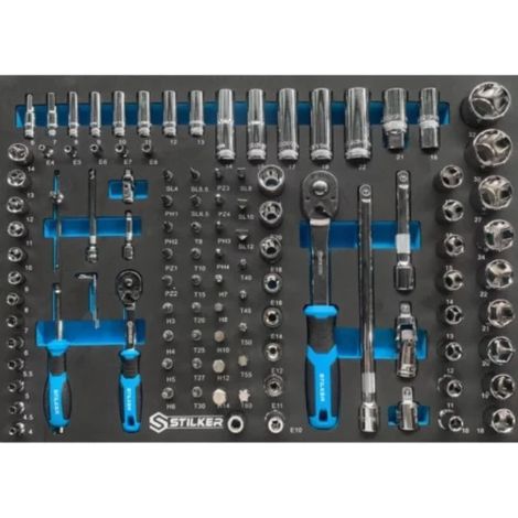 Coffret cliquet et douilles 109 pièces – 17 douilles 1/2'' – 2 rallonges 1/2'' – 18 embouts 1/4'' – 1 cliquet 1/4'' 72 dents – Stilker (1/3)