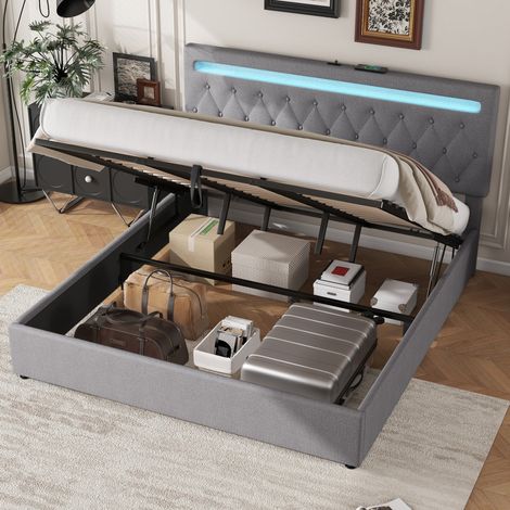 Lit coffre 180x200 gris LED USB hydraulique en lin OKMYHOME (1/5)