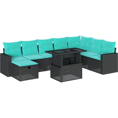9-teiliges Gartensofa-Set mit Kissen, schwarzes Polyrattan vidaXL (1/5)