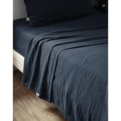 Drap plat 270 x 300 cm Double gaze de coton luxe Gaïa Bleu marine