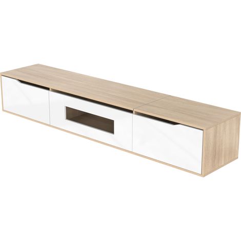 Mueble TV de alto brillo blanco y madera 180 x 35 x 30 cm con LED (1/5)