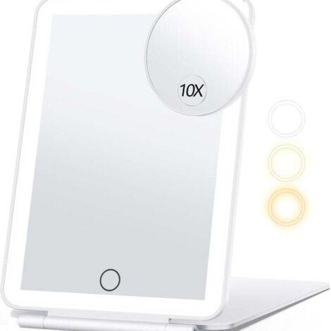 Miroir de maquillage de voyage avec grossissement 10x, miroir cosmétique avec lumière 3 couleurs, miroir de maquillage portable avec lumière (blanc) (1/4)