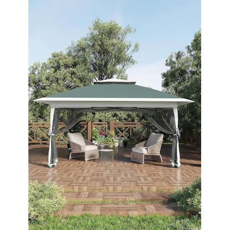 Tonnelle de jardin pliante 4 x 4 M, Pop Up Gazebo, Tente de Canopée, Moustiquaire, Rapide, 4 Sacs de Sable, Vert et Gris (1/5)