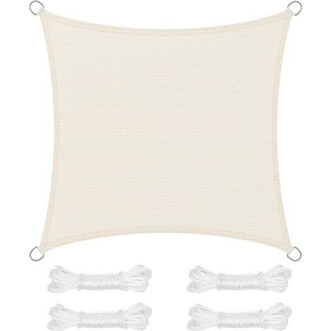 Voile d’Ombrage 5 x 5 m, Protection Solaire en Tissu HDPE, Respirant, Perméable à l’Eau, pour Terrasse, Jardin, Balcon, Camping, Carré, Concave, Cordes de 2 m, Blanc (1/5)