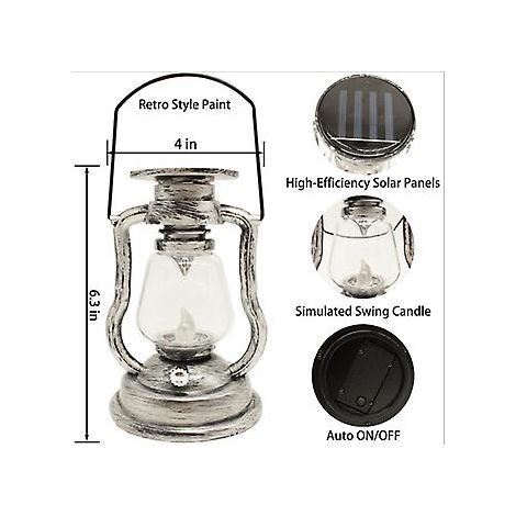Lanterne solaire d'extérieur, lampe LED solaire en métal étanche, lampe décorative suspendue (lampe rétro argentée)