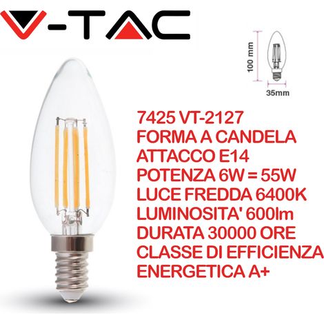 V-TAC Lampadina LED E14 6W 100LM/W Candela Filamento 2700K 3000K 6500K 4000K 4A Bianco freddo