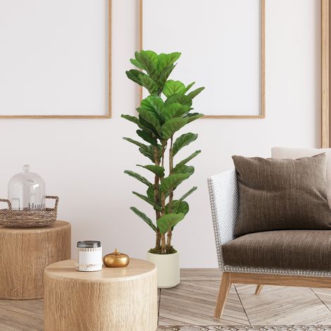 Plante artificielle intérieure figuier lyre arbre artificiel avec pot en plastique et tronc en bois massif vert 120 cm style élégant (1/4)