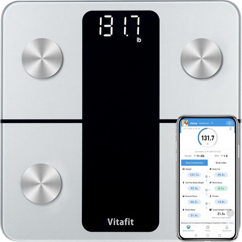 Balance Pese Personne, Précision 0,05kg, Balance Connectée App avec 13 Données Corporelles (BMI/Graisse Corporelle/BMR), 182kg, LED, Argent (1/5)