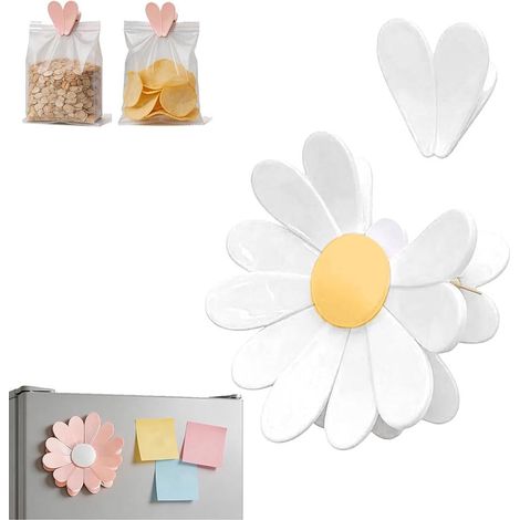 Clip magnetica a forma di fiore 2 in 1 per sacchetti di snack, ideale per cucina, ufficio e armadietti. Clip 3D a forma di fiore per sacchetti di snack. 2 piccole clip magnetiche bianche per sigillare