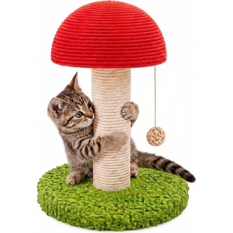 Griffoir chat champignon 28cm, sisal avec balle jouet, accessoire gain de place pour chaton et petit chat intérieur (1/4)