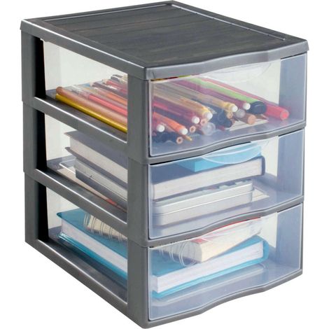tour de rangement plastique A5, 3 tiroirs, gris (1/4)