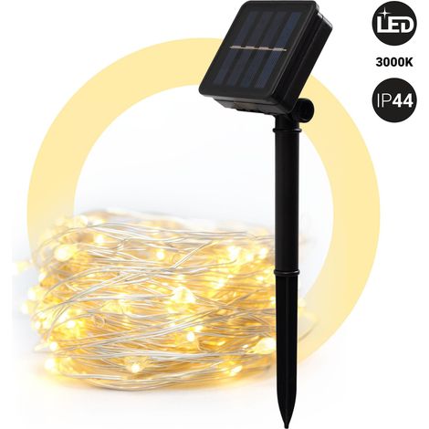 Guirlande solaire en fil argenté - IP44 - 100 lumières - Blanc