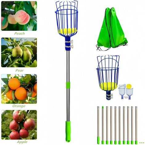 Cueille-Fruits avec Corbeille et Manche Télescopique 4 Mètres, Pince avec Panier en Acier Inoxydable pour Fruits Pomme Orange (1/4)