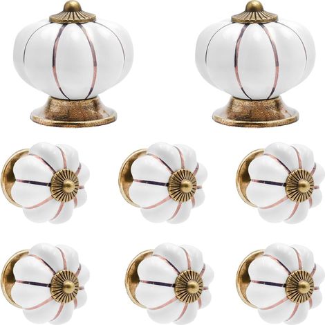 8 weiße Vintage-Keramikknöpfe in Kürbisform mit Schrauben für Schubladen und Schränke